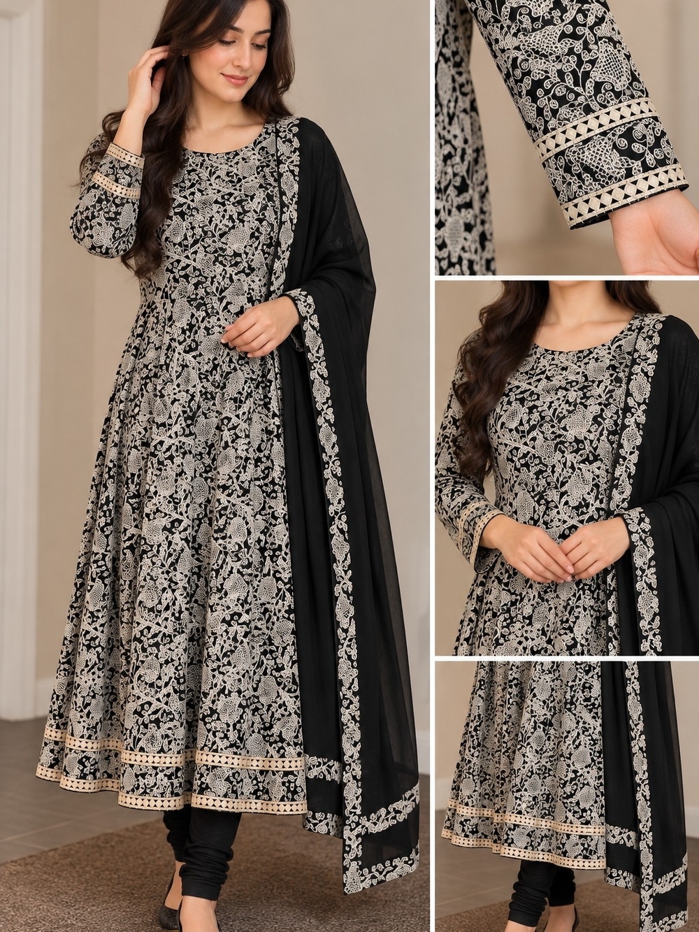 Elegant Black & Cream Floral Long-Sleeve Anarkali Dress with Dupatta